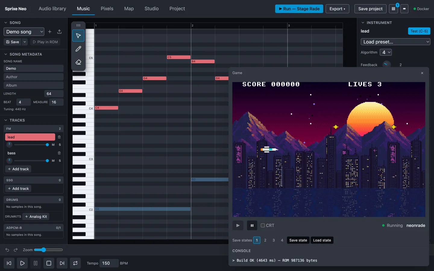 The compiled game running in the embedded emulator, floating over the music editor in the same browser tab
