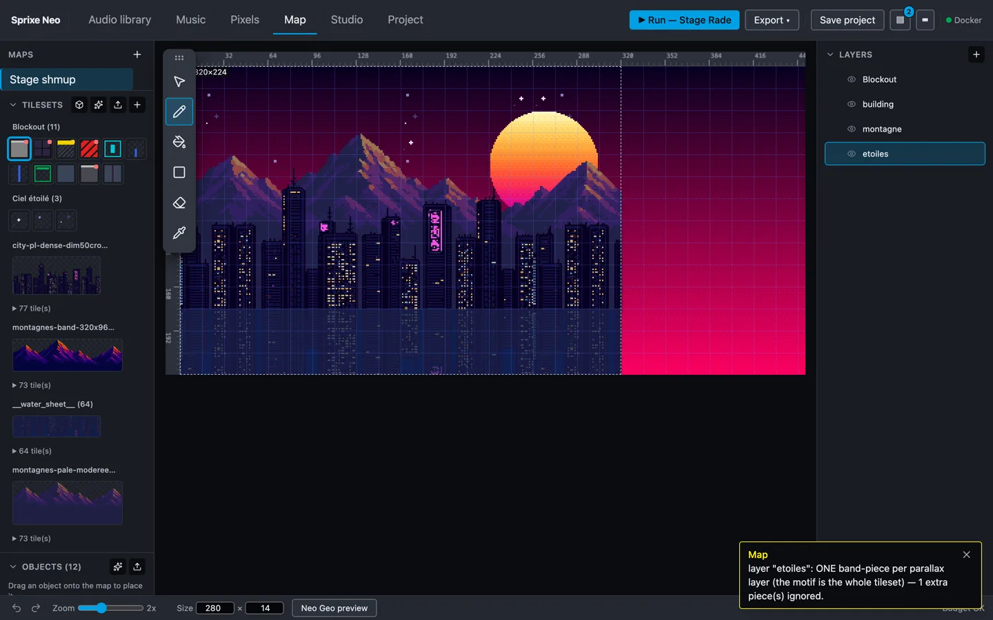 The map editor painting a synthwave stage — starfield, sun, mountains and neon skyline as parallax layers