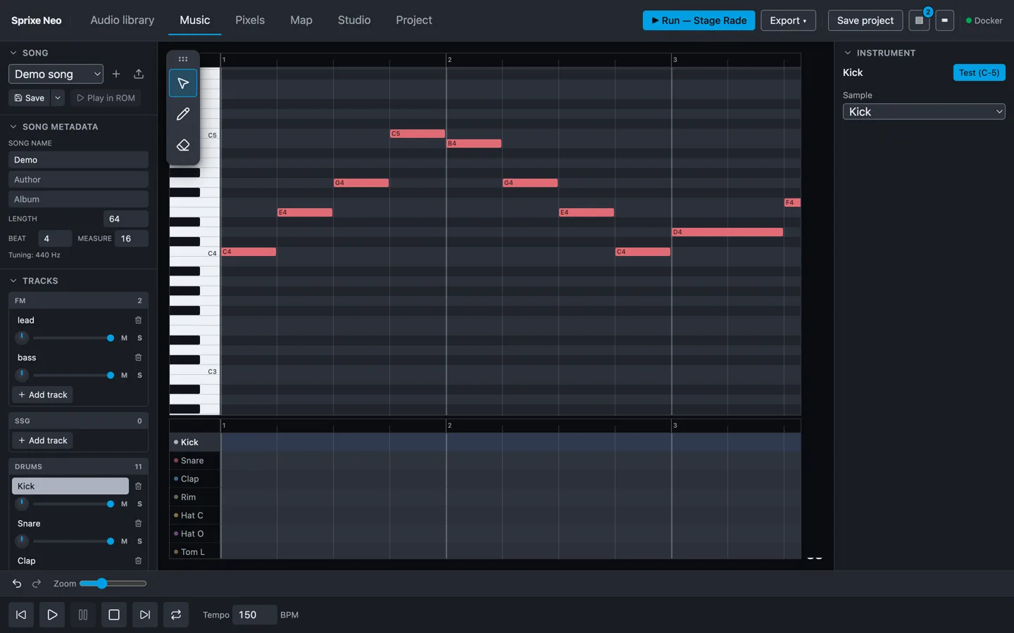 The music editor — piano roll, FM operator envelopes, and the Analog Kit drum lanes pinned under the grid