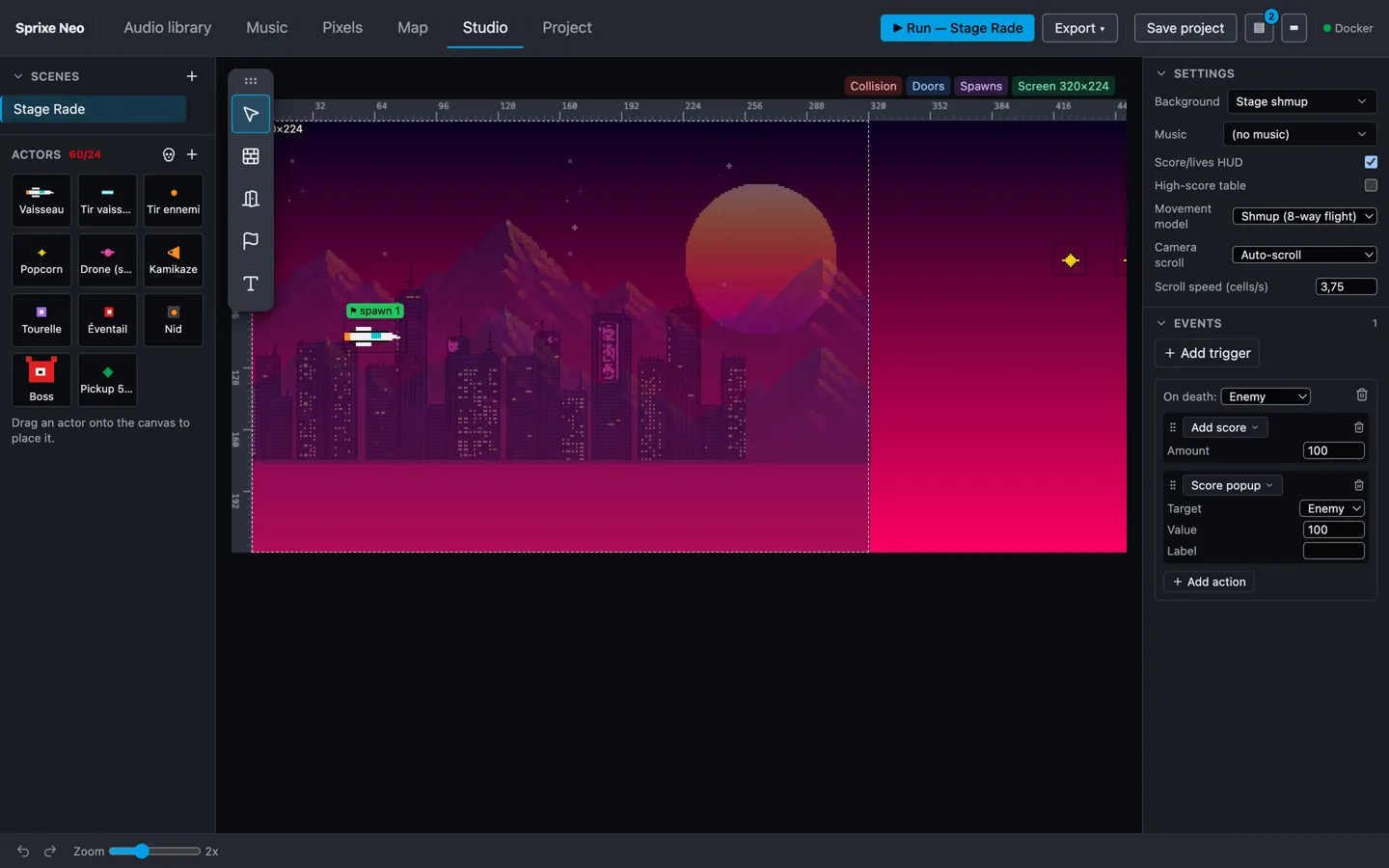 Studio mode — scene canvas, actor palette and the no-code event sheet: on death, add score and pop a score label